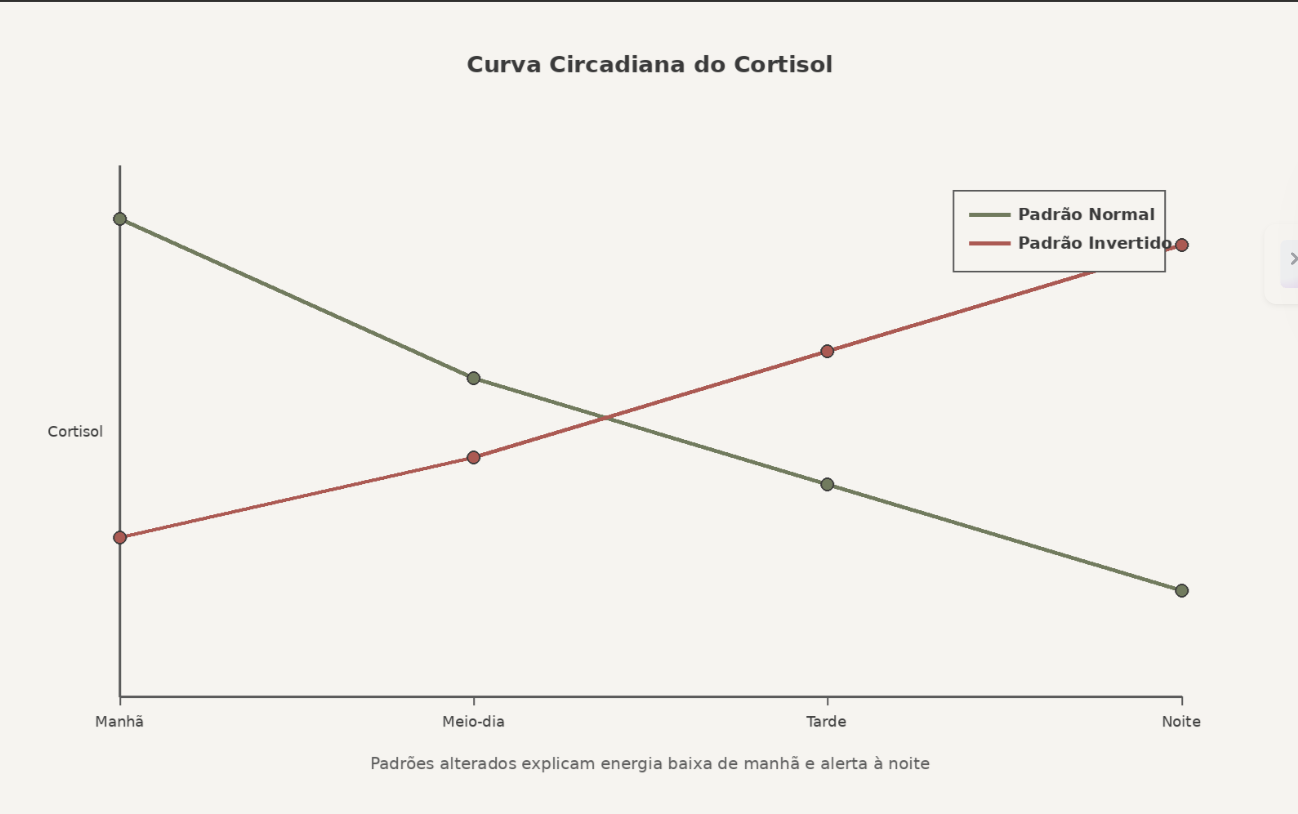 Gráfico mostrando cortisol normal (alto de manhã) e invertido (alto à noite).
